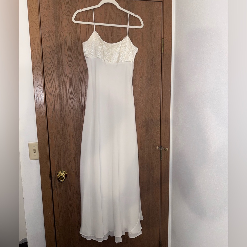 Maurices White Strapless Long Evening Dress with Beaded Bodice